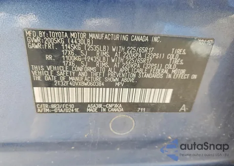 2011 Toyota Rav4 z USA, uszkodzony, nr VIN 2T3ZF4DVXBW060384